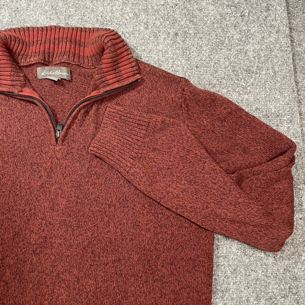 Eddie Bauer Sweater 1/4 Zip Rust/Burnt Orange Men's Large 100% Cotton Striped - Picture 2 of 8